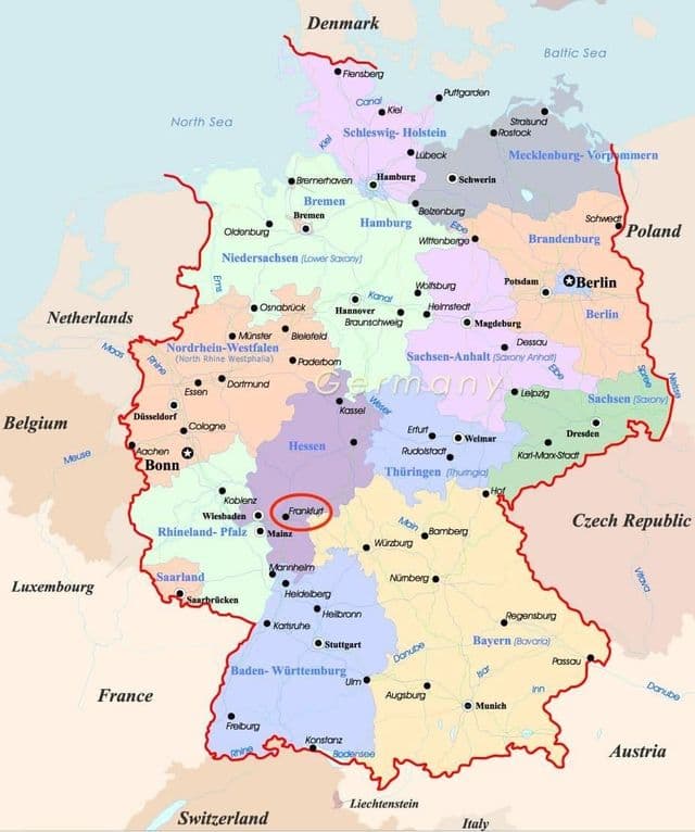 Frankfurt en el mapa de Alemania