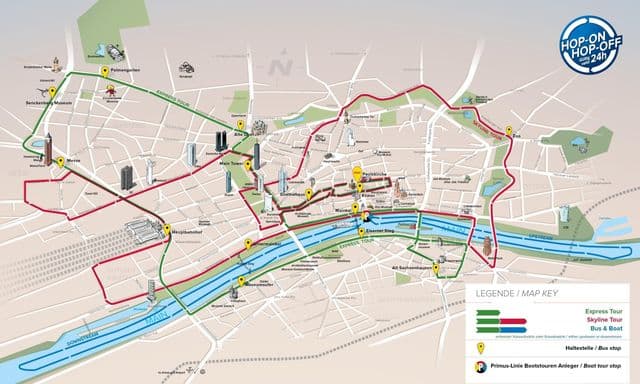 Mapa de recorridos de los autobuses de Frankfurt Hop On Hop Off