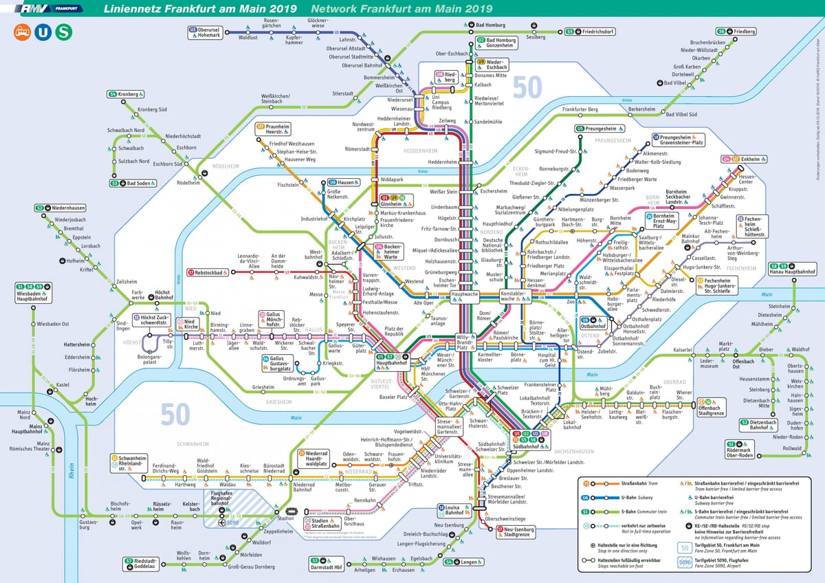 Mapa de las estaciones de tranvía de Frankfurt